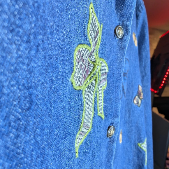 Karen Scott Fall Leaf Plaid Butterfly Embroidered Denim Button Down M Autumn - Picture 7 of 10